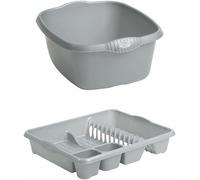 Large Rectangular Washing Up Bowl & Large Dish Drainer - Plastic Kitchen Sink Organiser for Utensils, Plates & Cutlery | Durable Draining Rack for Home Use (Silver)