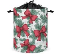 Large Red Bows on Green Pine Branches Laundry Basket Laundry Hamper Round Collapsible Drawstring Clothes Hamper for Bedroom Bathroom