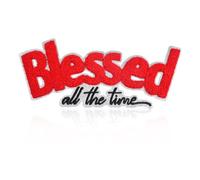 Large Red Chenille Blessed All The Time Iron On Patch, Silver Glitter Trim Christian Inspirational Letter Applique for Hoodies, Jackets, Backpacks, Religious Faith DIY Clothing Decor