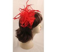 Large Red looped fabric and Feather Fascinator on a clear comb.