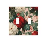 Large Red White Roses Lush Green Leaves Double Gang Toggle Light Cover Wall Plate Switch Decor Standard Size - 11.4x11.4cm