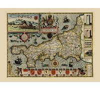 LARGE Reproduction Old Antique Map of Cornwall by John Speed 17th c Colour Plan