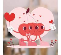 Large Retro Pair of Cherry Sweethearts Valentine's Window Sticker - Pink Heart Windows Stickers with Retro Cherries - Valentines Decorations for Home or Shop Decoration