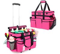 Large Rolling Cleaning Caddy Bag, Cleaning Caddy with Wheels with Detachable Trolley for Housekeepers, Water Resistant Cleaner Supplies Organizer with Wheels for Kitchen, Car, Picnic (Rose-Red)