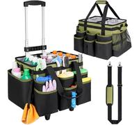 Large Rolling Cleaning Caddy Bag with Detachable Trolley,Cleaning Cart on Wheels with Shoulder Strap,Cleaning Supplies Organizer for Housekeepers,Green