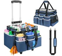 Large Rolling Cleaning Caddy Bag with Detachable Trolley,Cleaning Cart on Wheels with Shoulder Strap,Cleaning Supplies Organizer for Housekeepers,Blue