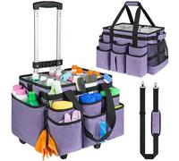 Large Rolling Cleaning Caddy Bag with Detachable Trolley,Cleaning Cart on Wheels with Shoulder Strap,Cleaning Supplies Organizer for Housekeepers,Purple