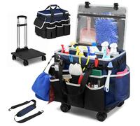 Large Rolling Cleaning Caddy Bag with Detachable Trolley, Organizer Bag with 4 Universal Wheels, Full Support Plates for Professional Cleaning Supplies Bag, for Housekeepers, Car Wash, Office, Picnic