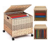 Large Rolling Decorative Filing Cabinet 17.7×15.7×12.6in Wicker File Box Seagrass Hanging Organizers for Letter & Legal Size File Basket with Lid Wheels for Home Office(Tricolor,Water Hyacinth)