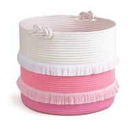 Large Rope Basket - 16''x13'' Pink Decorative Woven Basket for Toys, Blankets, or Laundry, Cute Tassel Decor for Baby & Girl - Home Storage Container