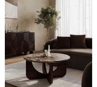 Large Round Brown Marble and Walnut Effect Coffee Table - Ivan
