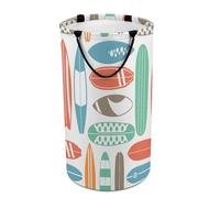 Large Round Canvas Storage Basket with Handles, Tall Foldable Storage Collapsible Bin for Laundry Clothes Bedroom Office Print Sea Surfing Surfboards in Retro Colors