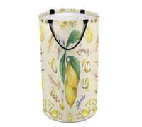 Large Round Canvas Storage Basket with Handles, Tall Foldable Storage Collapsible Bin for Laundry Clothes Bedroom Office Print Yellow Fresh Citrus Fruit Lemon with Green Leaves and Flowers
