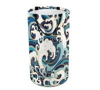 Large Round Canvas Storage Basket with Handles, Tall Foldable Storage Collapsible Bin for Laundry Clothes Bedroom Office Print Japanese Traditional Oriental Blue White Sea Waves, Foam