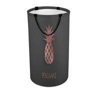 Large Round Canvas Storage Basket with Handles, Tall Foldable Storage Collapsible Bin for Laundry Clothes Bedroom Office Print Gold Glittering Rose Pineapple Glossy Exotic Fruit on Dark Brown