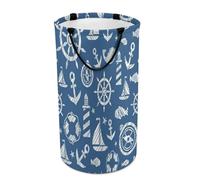 Large Round Canvas Storage Basket with Handles, Tall Foldable Storage Collapsible Bin for Laundry Clothes Bedroom Office Print Vintage Blue Sea Voyage Anchor Steering Wheel Ship Lighthouse