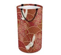 Large Round Canvas Storage Basket with Handles, Tall Foldable Storage Collapsible Bin for Laundry Clothes Bedroom Office Print Traditional Waves Two White Cranes Chrysanthemum Flowers