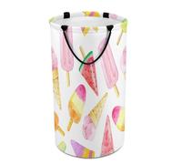 Large Round Canvas Storage Basket with Handles, Tall Foldable Storage Collapsible Bin for Laundry Clothes Bedroom Office Print Seamless Watercolor Pink Yellow Red Fruit Ice Cream Sticks