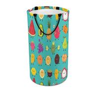 Large Round Canvas Storage Basket with Handles, Tall Foldable Storage Collapsible Bin for Laundry Clothes Bedroom Office Print Various Fruits Colorful On Green Avocado Pineapple