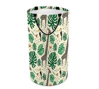 Large Round Canvas Storage Basket with Handles, Tall Foldable Storage Collapsible Bin for Laundry Clothes Bedroom Office Print Jungle Animals Giraffe, Toucan, Tropical Plants Palm Leaves