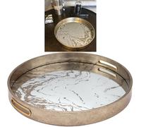 Large Round Decorative Tray with Handles 36cm - Antique Gold & White Marble Effect Mirrored Serving Tray for Coffee Table, Ottoman, Vanity Display