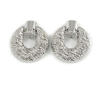 Large Round Hammered Clip On Earrings In Silver Tone Metal - 60mm Long