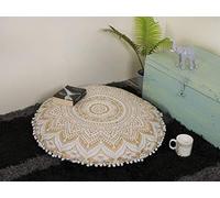 Large Round Mandala Hippie Floor Pillow Cover - Hippie Cushion Cover - White Ombre Pouf Shams - Meditation Seating Ottoman Throw Cover Decorative Bohemian Pom Pom Floor Pillow Case- 18" Gold