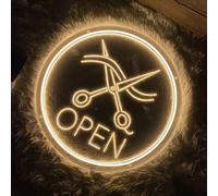 Large Round Neon LED Barber Sign for Barber Shop Wall and Window Decor, Hair Salon Barber Studio Open Light Up Sign with Dimmable Switch and Hanging Chain Gifts for Hairdresser 38x38CM
