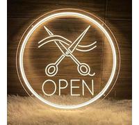 Large Round Neon LED Barber Sign for Barber Shop Wall and Window Decor, Hair Salon Barber Studio Open Light Up Sign with Dimmable Switch and Hanging Chain Gifts for Hairdresser 30x30CM