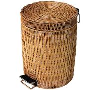 Large Round Rattan Trash Can with Lid Woven Wicker Step Wastebasket for Kitchen & Bathroom Stylish Household Garbage Bin Pedal Dustbin for Easy Use