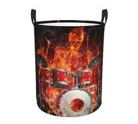 Large Round Storage Basket Hamper Compatible With Rock Drum Fire Flame Skull Skeleton, Waterproof Toys and Clothes Organizer Laundry Hamper for Bathroom Nursery Clothes Toys