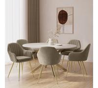 Large Round to Oval White Marble Effect Extendable Dining Table Set with 6 Mink Velvet Chairs - Seats 6 - Reine