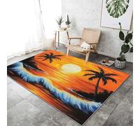 Large Rug 100x150 cm, Orange Color Machine Washable Fluffy Non-Shedding Anti-Slip Carpet - Sunset Palm Trees Waves pattern for Living Room Bedroom Office Dining Room Lounge