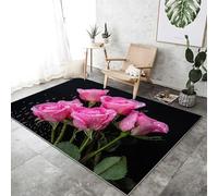 Large Rug 140x200 cm, Black Machine Washable Fluffy Non-Shedding Anti-Slip Carpet - Realism Pink Rose pattern for Living Room Bedroom Office Dining Room Lounge