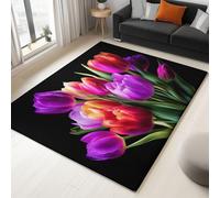 Large Rug Living Room 140 x 200 cm, Black Fluffy 3D Area Rugs for Bedroom Plants Tulip Washable Anti Slip Modern Floor Carpet Mat, for Dining Room Kitchen Office