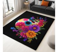 Large Rug Living Room 140 x 200 cm Black Fluffy 3D Area Rugs for Bedroom, Surrealism Sugar Skull Flowers Washable Anti Slip Modern Floor Carpet Mat for Dining Room Kitchen Office