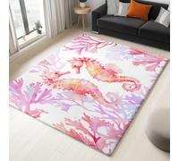 Large Rug Living Room 60 x 90 cm, White Fluffy 3D Area Rugs for Bedroom Watercolour Seahorse Coral Washable Anti Slip Modern Floor Carpet Mat, for Dining Room Kitchen Office