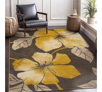 Large Rugs 5 x 8 ft,Modern Flowers Yellow Floral Pattern,Brown,155 x 245 cm, Washable Rug for Living Room Decoration Bedroom Dining Table Carpet