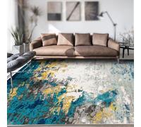 Large Rugs 6 x 9 ft,Colourful Teal Blue Yellow Black Grey White Abstract Modern,Watercolour,185 x 275 cm, Washable Rug for Living Room Bedroom Dining Room Under Table Carpet