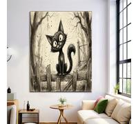 Large Rustic Hand-Painted Cat Unframed Canvas Wall Art, Dark Style Animal Wall Decor, Cream Color Modern Art Poster Canvas Painting Picture For Living Room Office Bedroom, Frameless, 30X40Cm