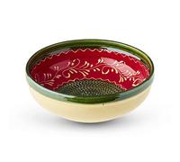 Large Salad Bowl with Garlic Grater. Handmade and Handpainted in Cordoba, Spain. (Red Bowl with Green Circle and Rim, Fern Pattern. 7)