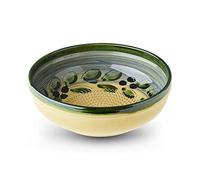 Large Salad Bowl with Garlic Grater. Handmade and Handpainted in Cordoba, Spain. (Yellow and Green Bowl with Green Rim. Olive and Flower Pattern. 1)