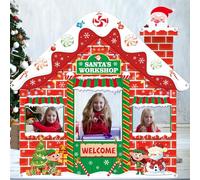 Large Santa's Workshop Photography Backdrop Christmas Porch Door Banner Decorations Christmas Red and Green Hanging Backdrop for Winter Xmas Holiday Party Studio Photo Props Background Decor