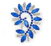 Large Sapphire Blue/Clear Corsage Brooch In Silver Tone Metal - 65mm L
