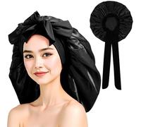 Large Satin Bonnet for Sleeping, Women Satin Wrap Cap Jumbo Size Silk Bonnet for Curly Natural Hair Hair Bonnets Wrap with Tie Band (Black)