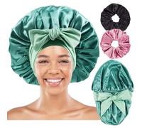 Large Satin Silk Bonnet for Sleeping Women with Scrunchies,Double Layer Satin Bonnet with Tie Band for Curly Hair,Non Slip Sleep Cap for Shower (Sage Green)