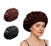 Large Satin Sleep Bonnets for Hair Protection During Night - Two-Piece Set with Adjustable Wide Band, Soft Wrinkle-Resistant Fabric for Curly Natural Long Hair, Secure Fit in Black & Coffee Brown
