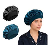 Large Satin Sleep Bonnets, Wide Headband, Black and Peacock Blue, 2-Pack | Gathered crown offers room for fuller hairstyles, for covering curly or naturally textured hair at bedtime or after styling