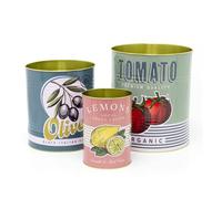 Large Set of 3 Decorative Retro Storage Tins | Vintage-Style Tomato, Olive and Lemon Food Can Replicas | Colourful Metal Containers for Storage or Home Decor