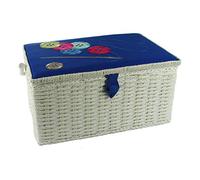 Large Sewing Basket with a White with Navy Embroidered Buttons Lid | 32 x 25 x 20cm, Storage and Organiser Box with Compartments for Sewing Supplies, Accessories, Thread, Needles and Scissors